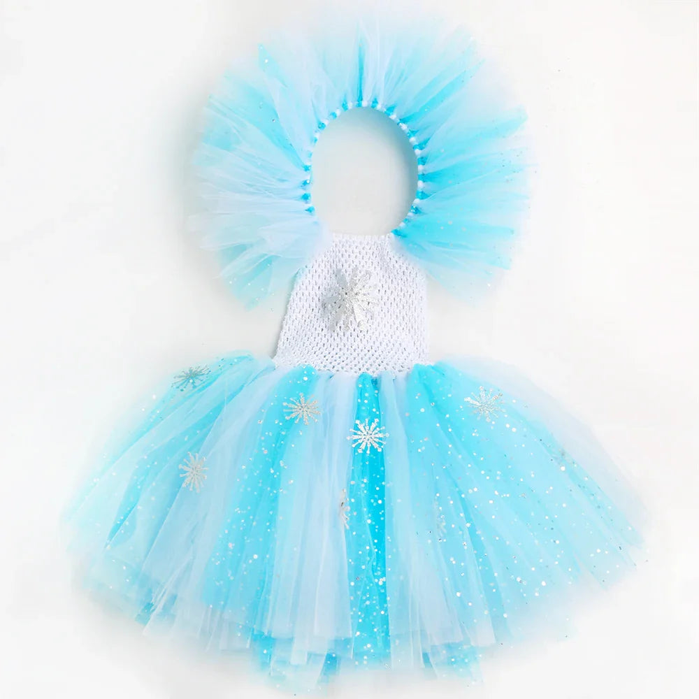 Elsa Costume for Girls Glitter Fancy Princess Dress Up Clothes Snowflake Tulle Tutu Dress Kids Halloween Birthday Dresses Outfit