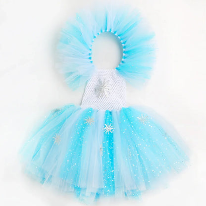 Elsa Costume for Girls Glitter Fancy Princess Dress Up Clothes Snowflake Tulle Tutu Dress Kids Halloween Birthday Dresses Outfit