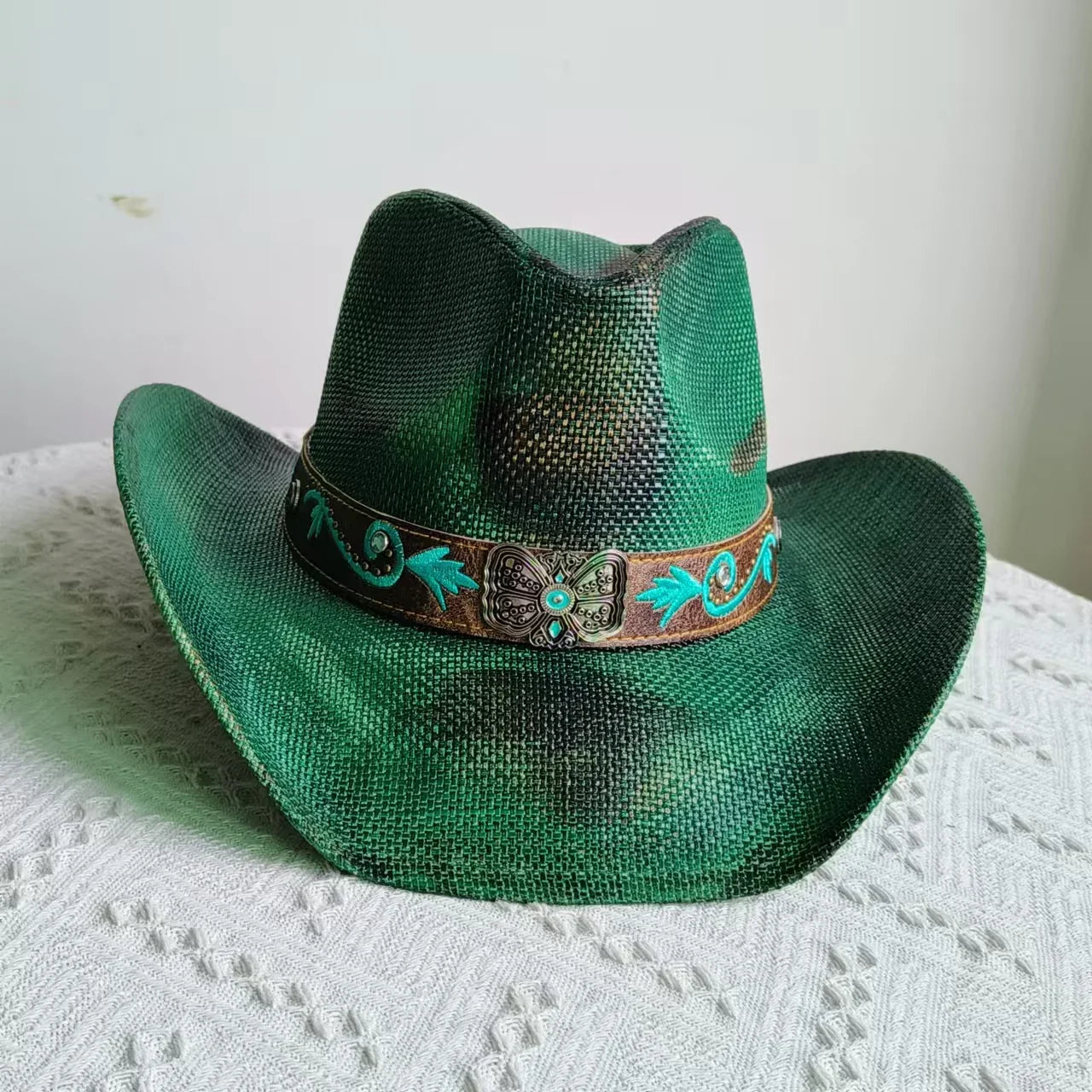 Hand-painted Western Cowboy hat Bronze green hat for men women Large Brim stiff straw hat summer sombrero vaquero hombreковбойс