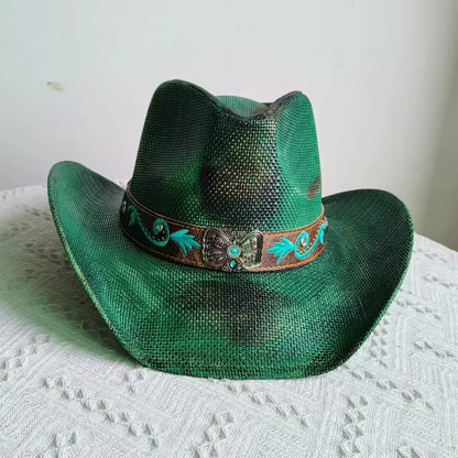 Hand-painted Western Cowboy hat Bronze green hat for men women Large Brim stiff straw hat summer sombrero vaquero hombreковбойс