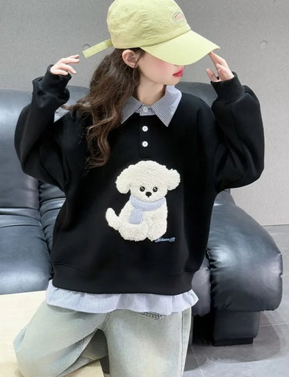 Sweat-shirt à capuche pour filles, Polo deux pièces en Faux, moyen-grand, coupe ample, haut de chiot de dessin animé, nouvelle collection printemps/automne 2025