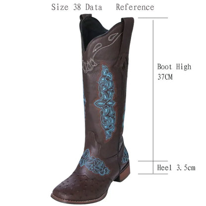 Autumn and Winter Women's Square Toe Thick Heel Colorful Patterned Knight Boots Embroidered Color-Blocked No Slip Women Boots