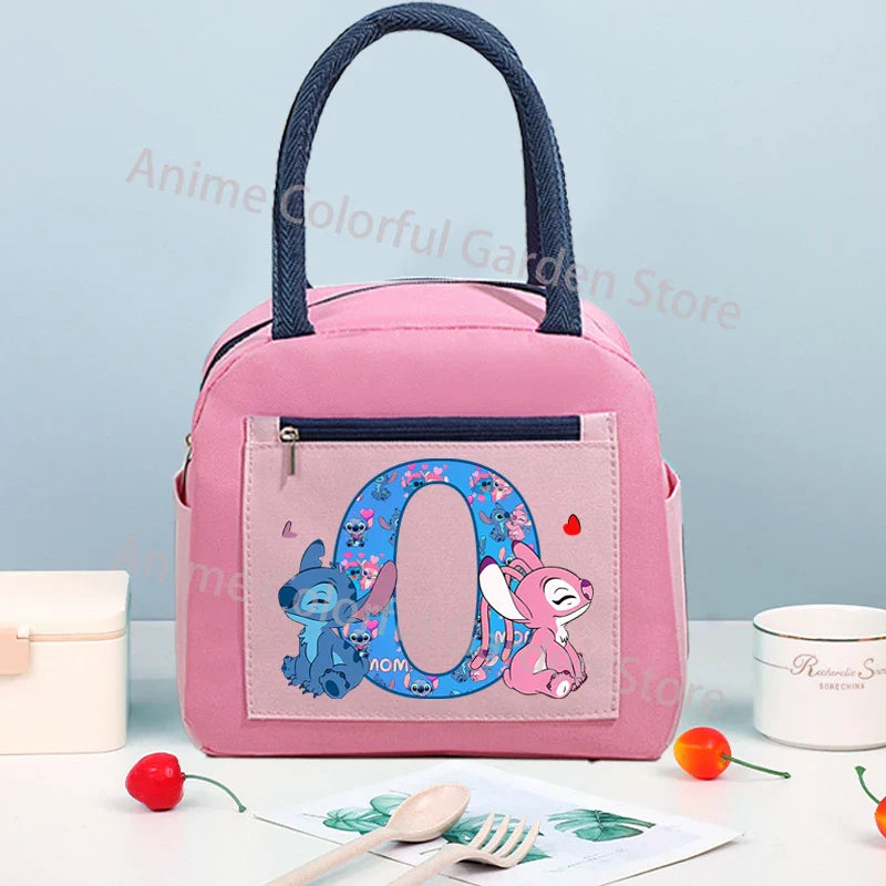 Anime Stitch High-capacity Lunch Bag Cartoon Letter A-Z Printed Insulated Box Picnic Portable Food Keep Fresh Handbag Bento Bags