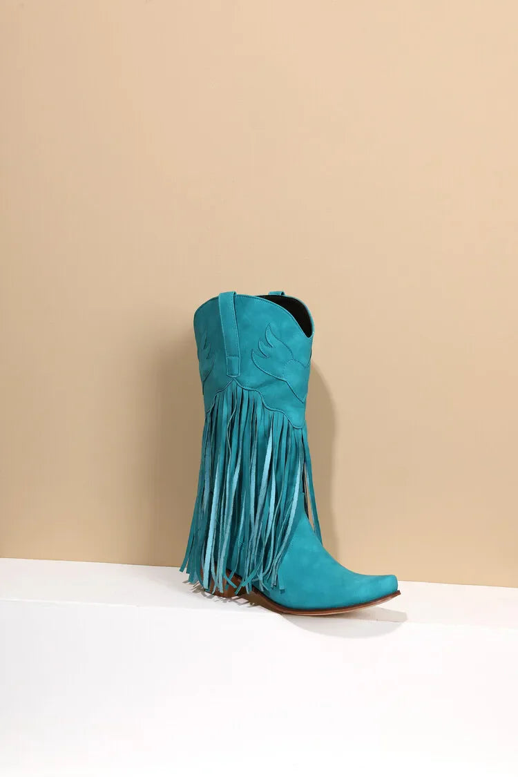 Nouvelles bottes de cowboy rétro ethniques pour femmes avec pompon à talon moyen, chaussures d'hiver pour femmes