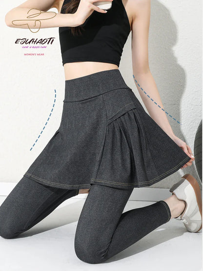 Women Cowboy Yoga Shark Skirts Pants Fake Two Piece Set Phone Pocket Sport Gym Running Leggings Tennis Outdoor Cycling Pants