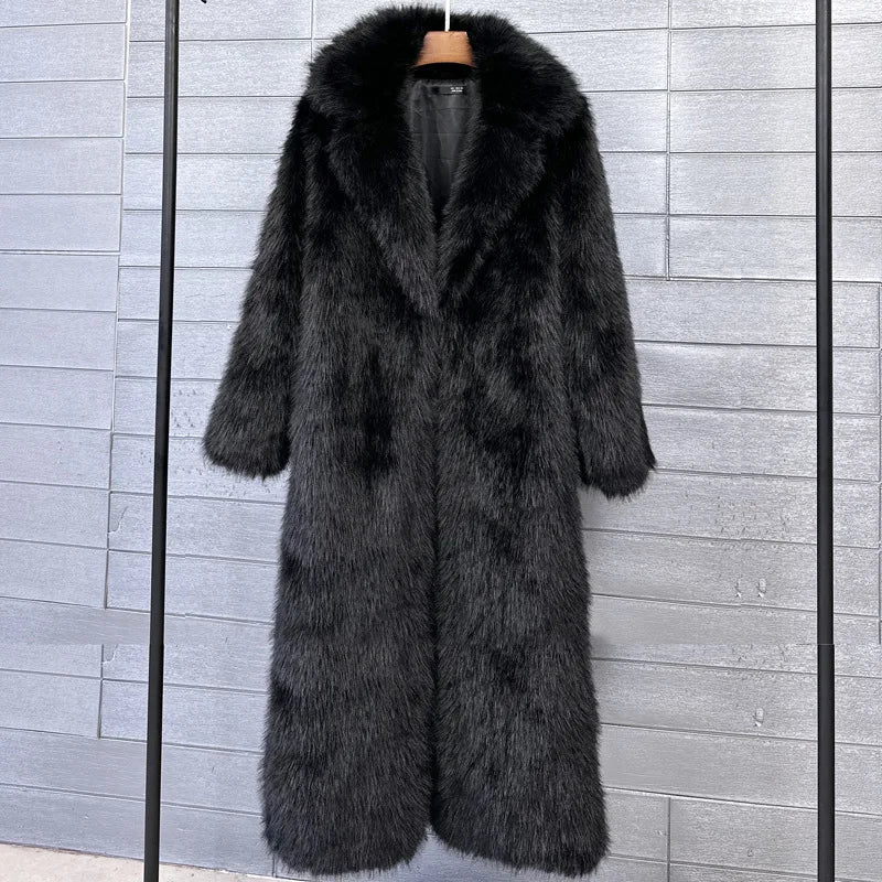 Manteau long en fausse fourrure pour femmes, veste surdimensionnée d'automne-hiver, col rabattu blanc, poches, manteau épais, vestes chaudes, manteaux maxi