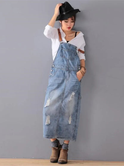 Robe longue en jean décontractée pour femmes, robe en jean délavé avec trous, robe en jean déchiré vintage à bretelles pour femmes