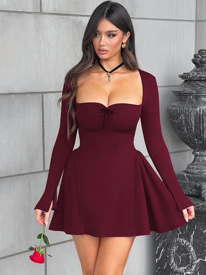 Dulzura Slit Long Flare Sleeves Patchwork A-Line Mini Dress Solid Elegant Sexy Party Prom Wedding Guest Dress Autumn