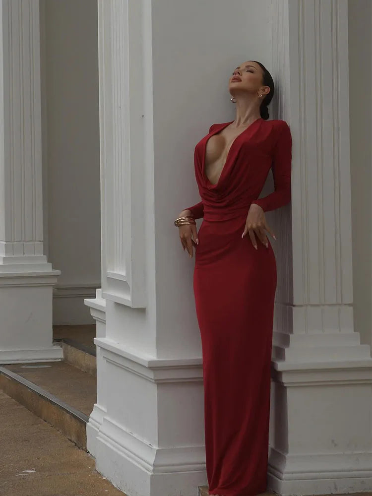 Robes de soirée longues à manches pour femmes, col en V profond, moulantes, hanche ronde, robes féminines, vêtements de soirée sexy, unies, tendance