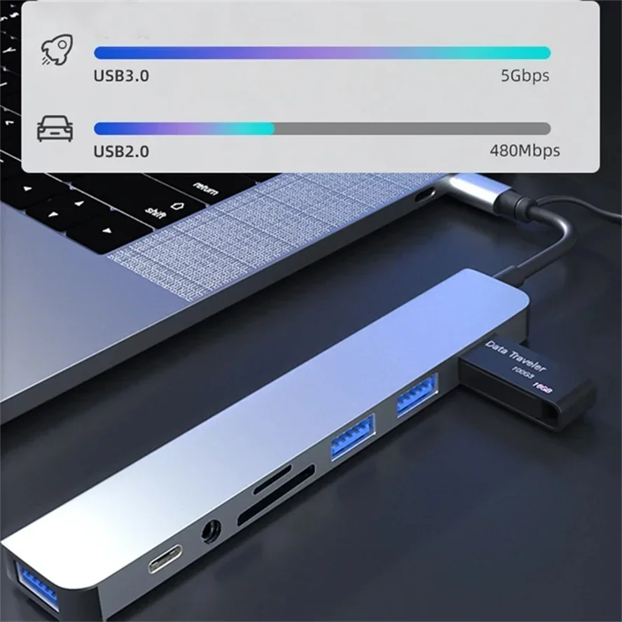 8 in 2 Docking Station USB Type C HUB with 3.5mm Audio Jack Adapter Micro SD Card Reader Laptop Tablet Phone Disk Converter