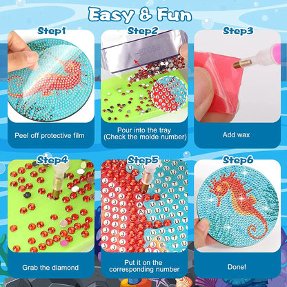 6Pcs DIY Diamond Painting Coasters Mandala Flowers 5D Full Drill Diamond Art Non Slip Coasters with Holder Ideal Christmas Gift