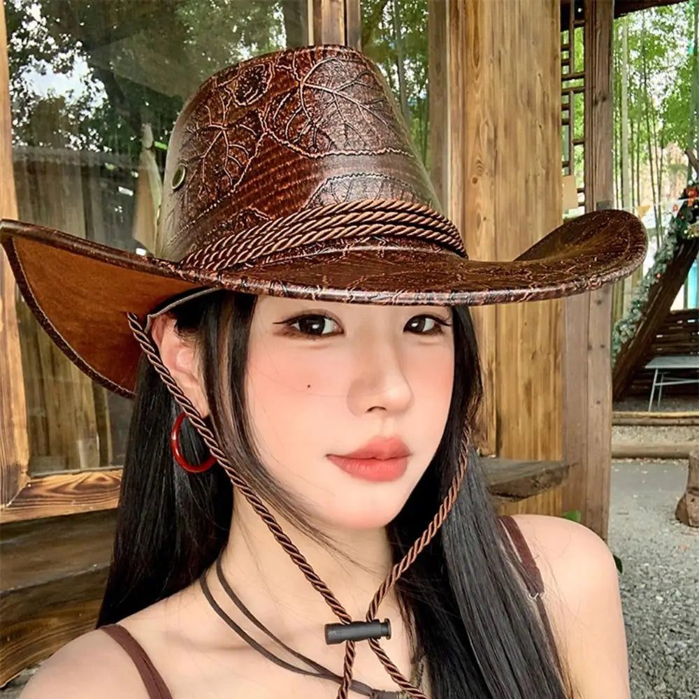 Chapeau de Cowboy occidental de Style ethnique Punk, chapeau de Jazz en Polyester à bord en rouleau, casquette à visière de couleur unie noir/marron pour l'extérieur