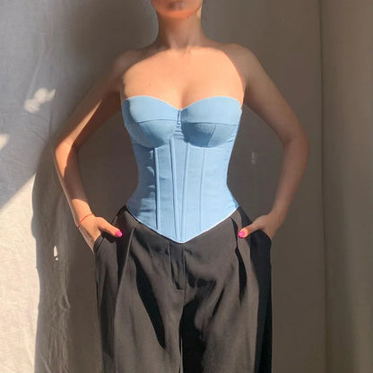 Harajuku Casual Female Imitation Cowboy Vest 2024 New Fashion Wrapped Chest Backless Strap Waist Solid Color Fishbone Tops Femal