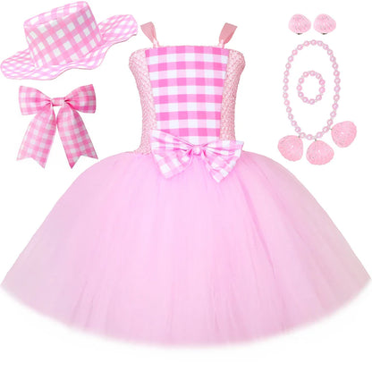Movie Barbi Costume for Girls Margot Robbie Pink Plaid Tulle Tutu Dress Kids Halloween Birthday Party Princess Dress Up Clothes
