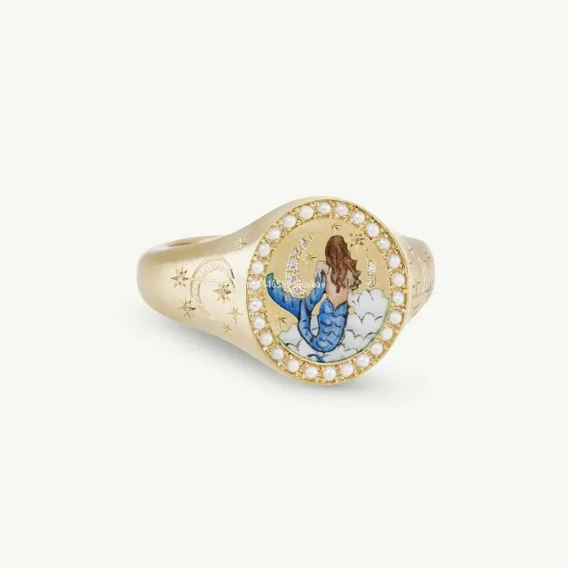 Fashionable and popular stainless steel painted ring, for Valentine's Day, Lion, Mermaid, Love, gold plated, women's jewelry, тильц®
