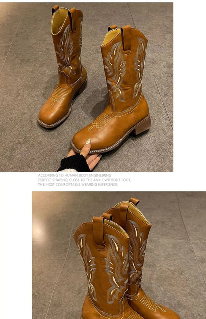 Versatile Western Cowboy Boots Summer Coarse Heel Embroidered Sleeve Knight Boots Mid Barrel Square Head Horseshoe Large