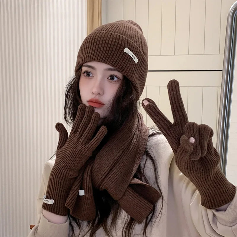 Ensemble chapeau, écharpe et gants en laine tricotée de couleur unie-ensemble de noël chaud du nouvel an rouge en faux cachemire automne/hiver