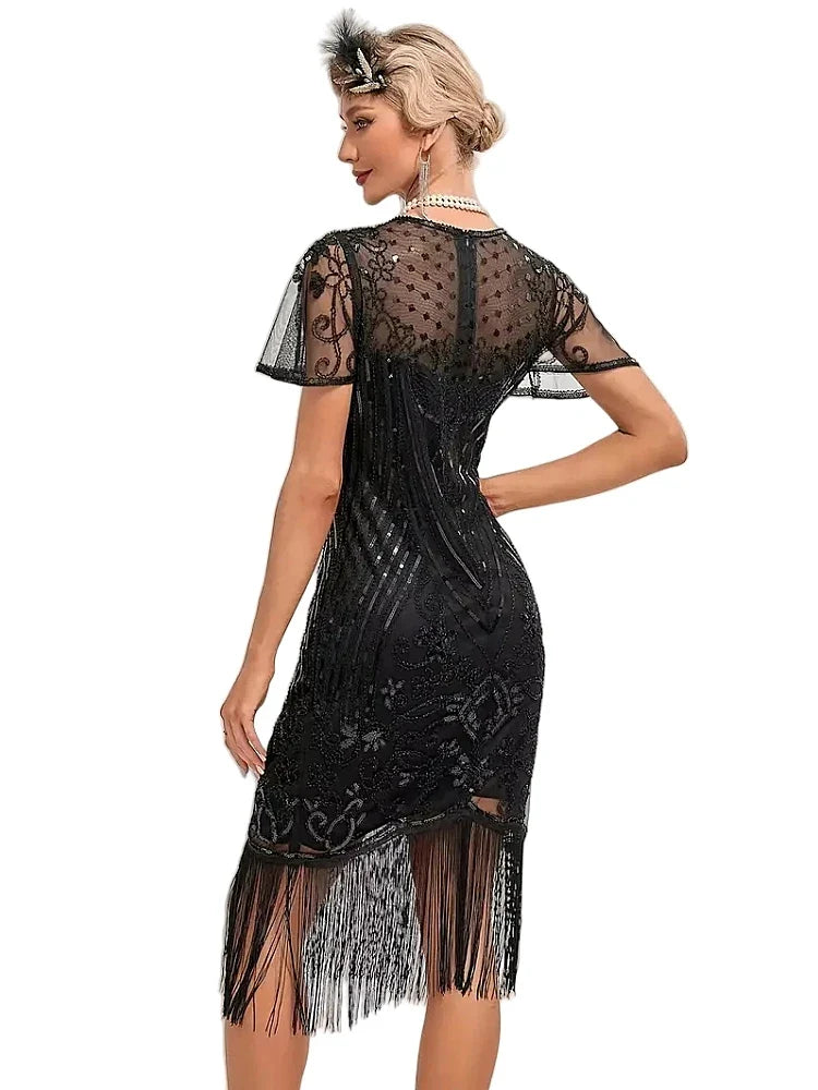 Flapper Dresses 1920s Gatsby Roaring 20s Sequin Beaded Fringe Dress Crew Neck See-through Themed Party Club Dress