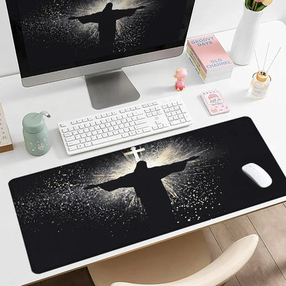 Jesus & Cross Mouse Pad Large Desk Accessories Desk Pad Rubber Base with Stitched Edge Mousepad Non-Slip Mousepad for Office