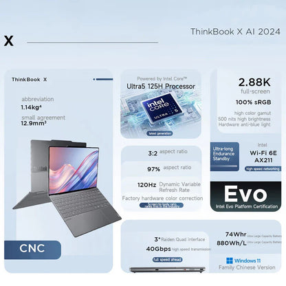 PC portable Lenovo Thinkbook X 2024 AI 13,5" 2,8K 120Hz Intel Core Ultra 5 125H/Ultra 9 185H 16G/32GB RAM 8400MHz PCIE4.0