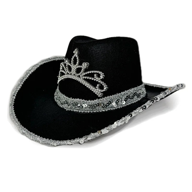 Chapeau de Cowboy Rose pour Femmes Filles Chapeau Western à Large Bord Chapeau à Paillettes Scintillantes pour Spectacle Costume de Cowgirl pour Fête de Mariage