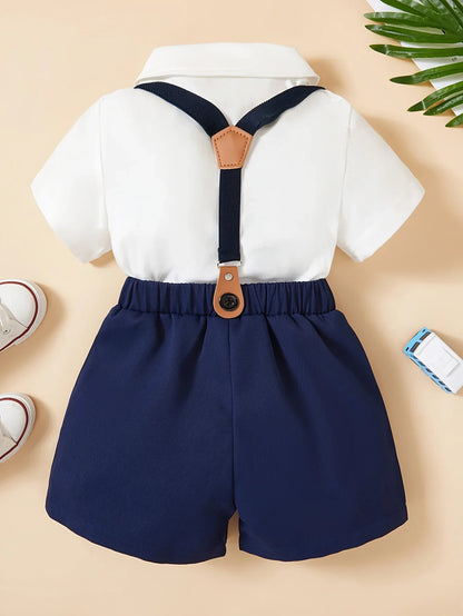 Chemise à manches courtes et short à bretelles pour garçons, robe de soirée décontractée pour gentleman, ensemble deux pièces, été
