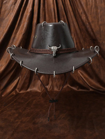 HongLuan – Chapeau de cowboy unisexe en cuir PU noir réglable, style occidental, idéal pour les voyages, avec badge tête de taureau, pour l'extérieur