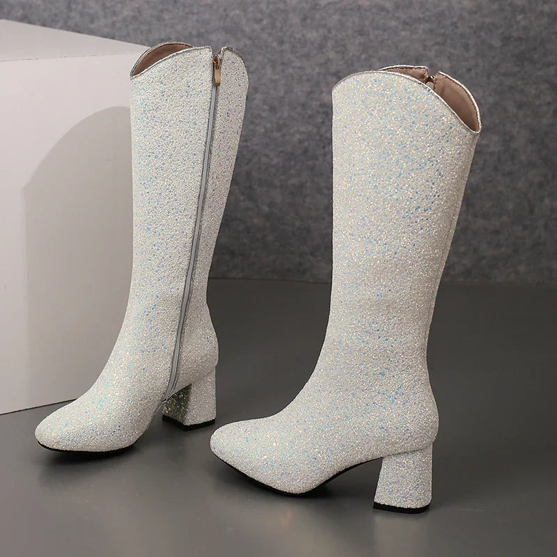 Bottes Hautes Scintillantes pour Femme, Ajustement Confortable, Talons 6,5 cm, Hiver 2024
