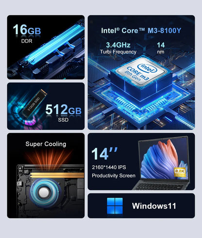 Ninkear X14 Laptop 14 Inch 2160*1400 IPS 2K Screen Intel core m3-8100Y 16GB 512GB Windows 11 General Use Productivity Notebook