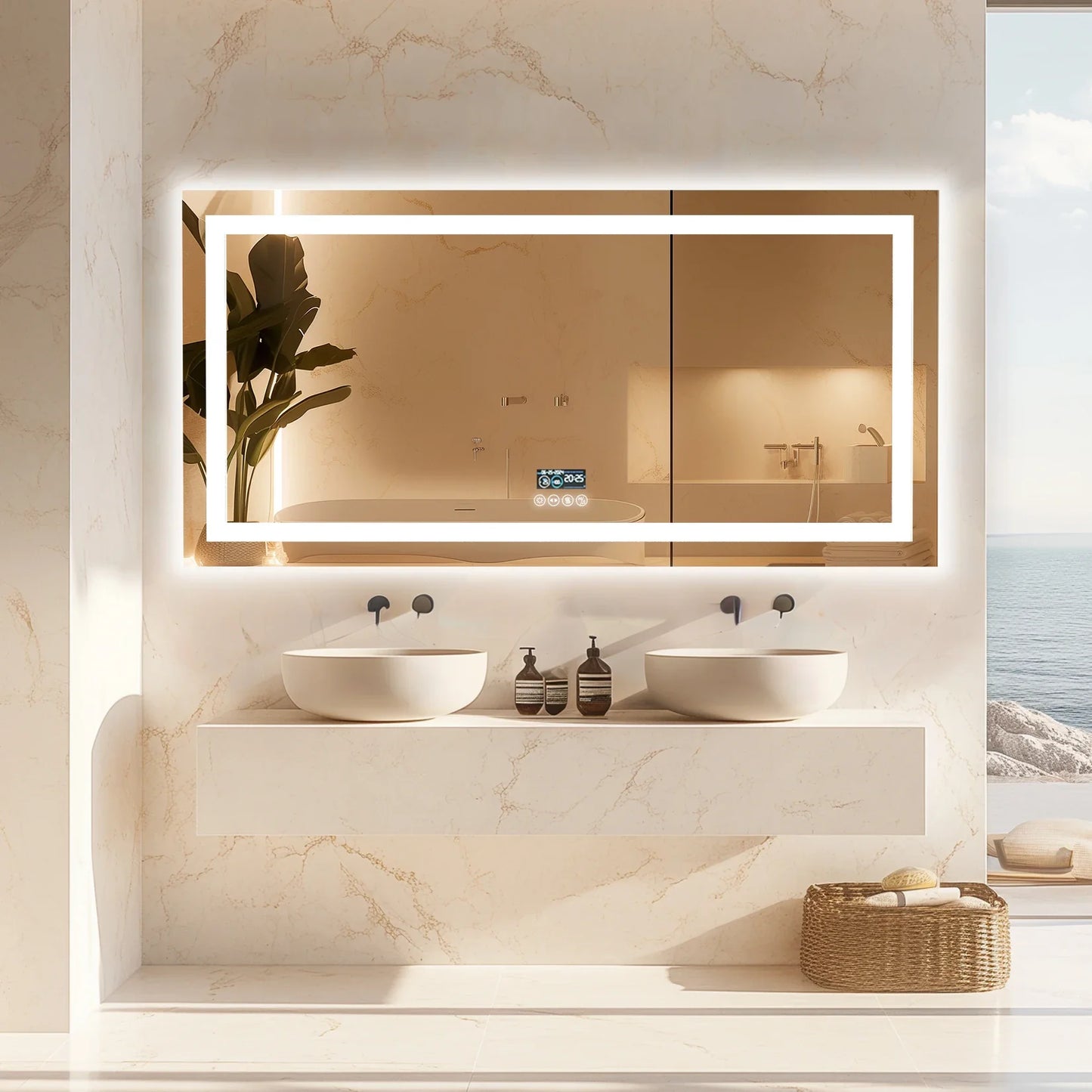 Fissuraminants pour miroir de maquillage LED, miroir de courtoisie avec lumières, miroir de maquillage à intensité variable, affichage numérique Bluetooth intelligent, mémoire de 3 couleurs