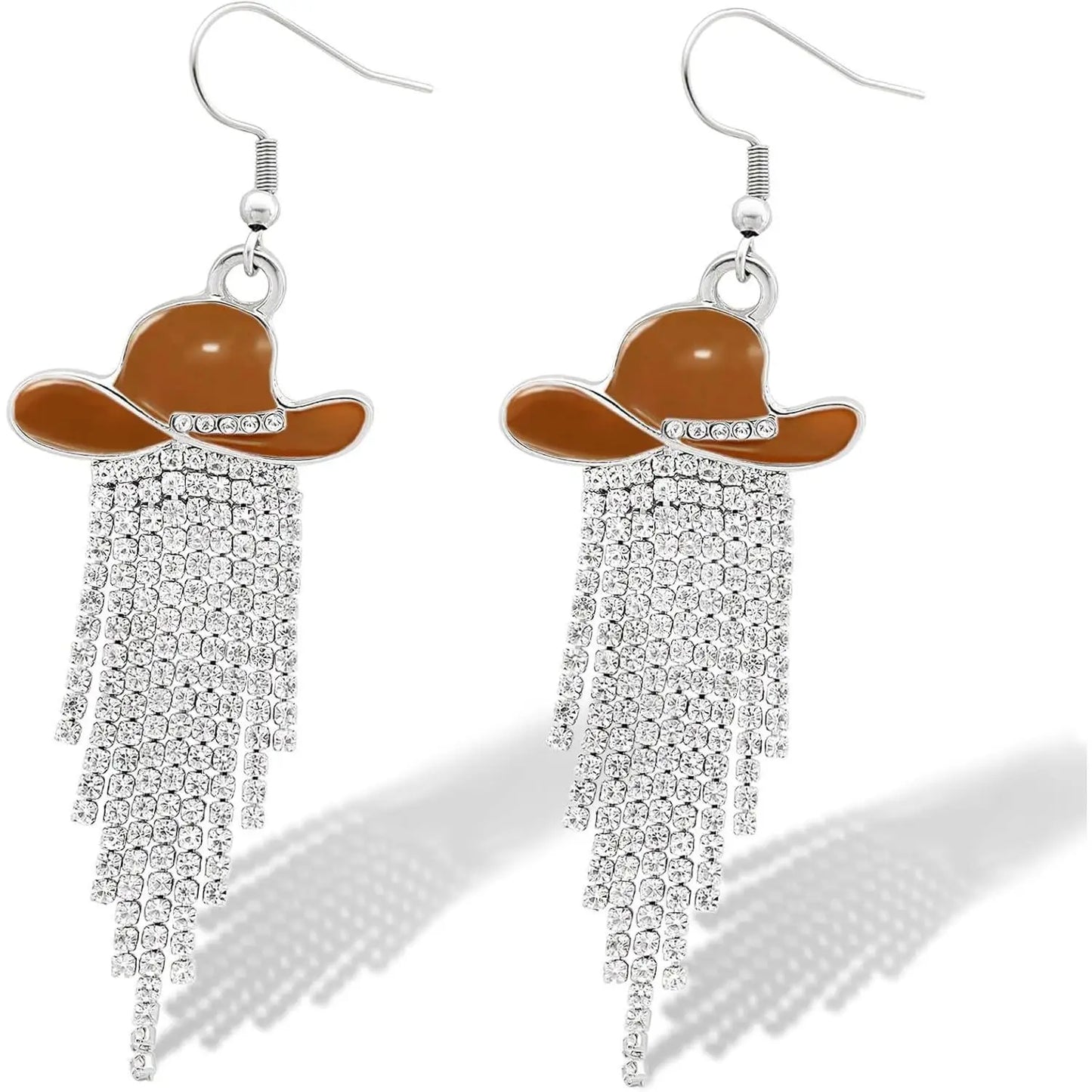 Boucles d'oreilles pendantes de cowgirl de l'Ouest, Chapeau en émail, Pendentif à pompon strass scintillant, Bijoux pour femmes pour bal, concerts country, rodéo, cow-boy