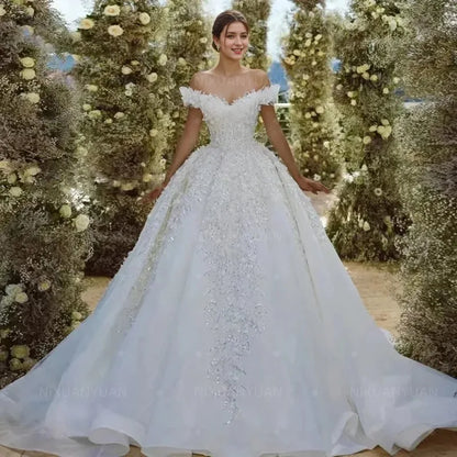 Ball Gown Princess Wedding Dresses Sweetheart Off The Shoulder Vestido De Novia Lace Sequined Shiny Robe De Mariee Customized