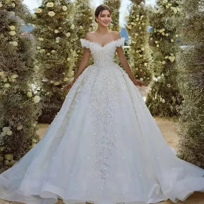 Ball Gown Princess Wedding Dresses Sweetheart Off The Shoulder Vestido De Novia Lace Sequined Shiny Robe De Mariee Customized