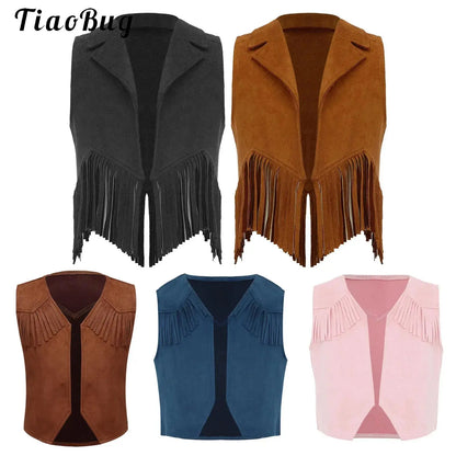 Gilet de Cowboy occidental pour enfants, garçons et filles, Costume de Cosplay d'halloween, pompon en daim, manteau ouvert sur le devant, hauts