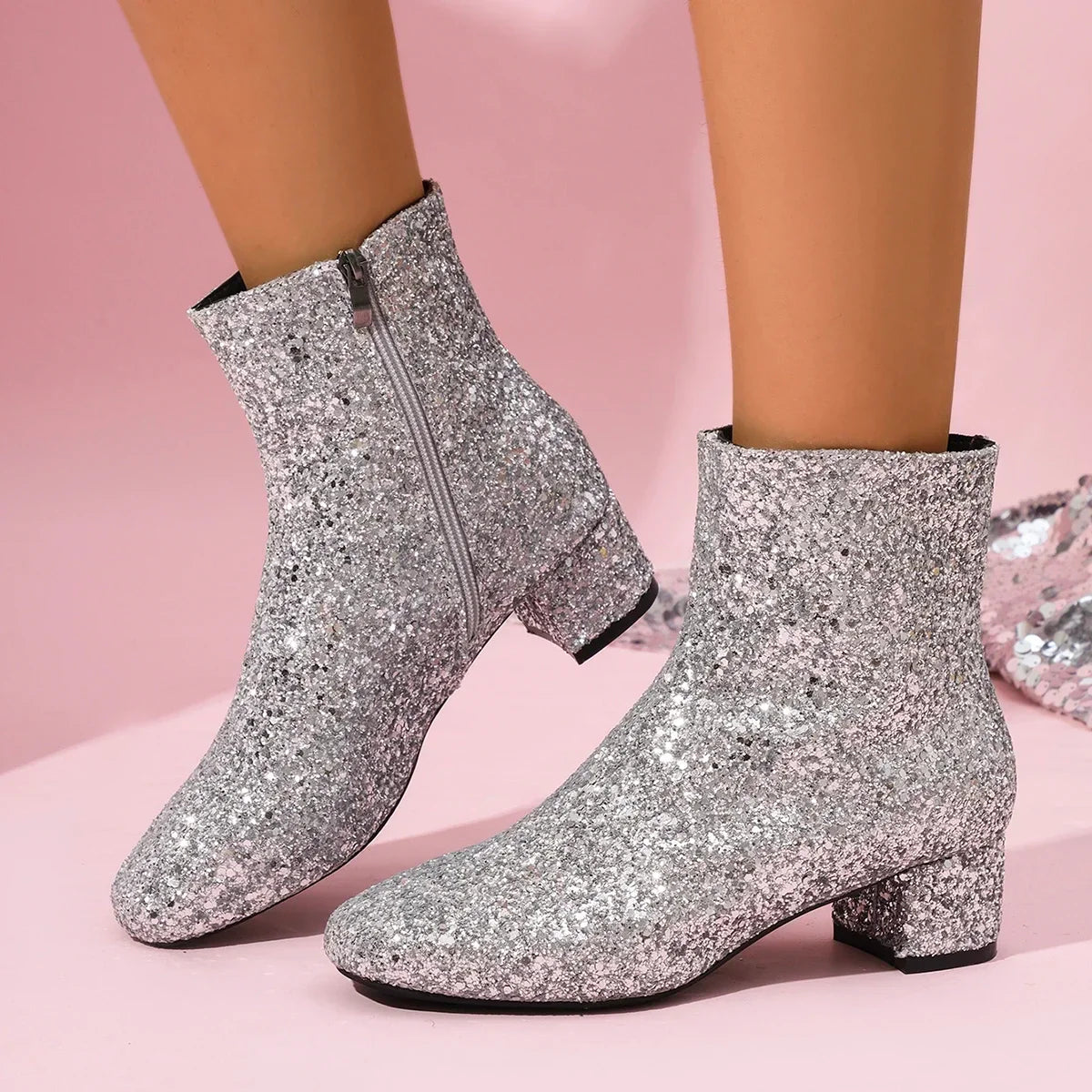 Bottes pour femmes 2024 Nouvelle mode Paillettes Bout rond Bottines femmes Automne Hiver Soirée Talons épais Chaussures pour femmes Botas De Mujer