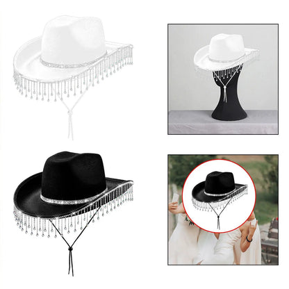 Chapeau de cowboy à large bord avec franges en strass pour femme, accessoire de fête, de cosplay, pour les fêtes, les spectacles en plein air