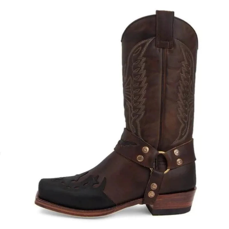 2025 Luxury Foreign Trade New Men's Square Head European and American Embroidery Men's Leather Knight Boots Low Heel Men's Shoes