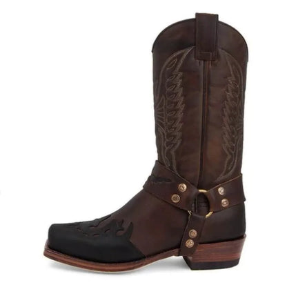 2025 Luxury Foreign Trade New Men's Square Head European and American Embroidery Men's Leather Knight Boots Low Heel Men's Shoes