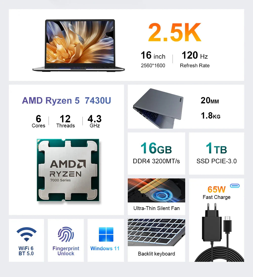Ninkear A15 Pro Portable Laptop Windows 11 AMD Ryzen 5 7430U 16-inch 2.5K IPS 120Hz 16GB DDR4+1TB SSD WiFi6 BT5 Backlit Keyboard