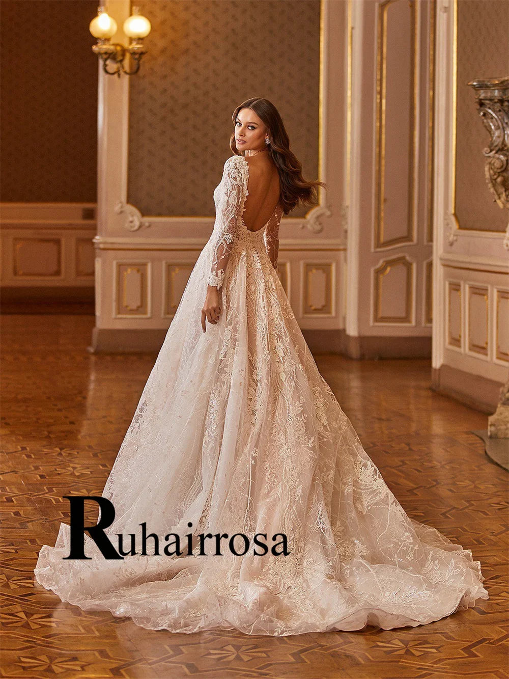 Ruhair Exquisite Ball Gown Wedding Dresses Appliques Lace Square Collar Full Sleeves Draped Robe De Mariée Engagement Plus