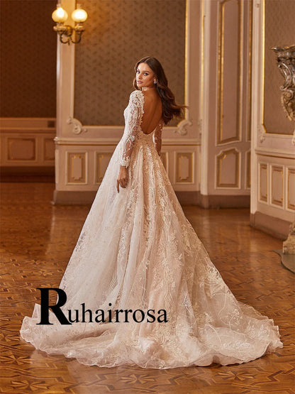 Ruhair Exquisite Ball Gown Wedding Dresses Appliques Lace Square Collar Full Sleeves Draped Robe De Mariée Engagement Plus