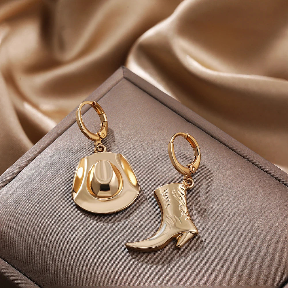 Boucles d'Oreilles Pendantes Asymétriques pour Cowgirl, Punk Goth Style, Cool Western Cowboy Hat Boot, Charms Or Plaqué Rock, Bijoux Accessoires