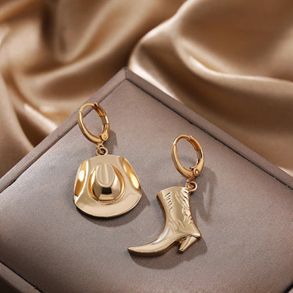 Boucles d'Oreilles Pendantes Asymétriques pour Cowgirl, Punk Goth Style, Cool Western Cowboy Hat Boot, Charms Or Plaqué Rock, Bijoux Accessoires