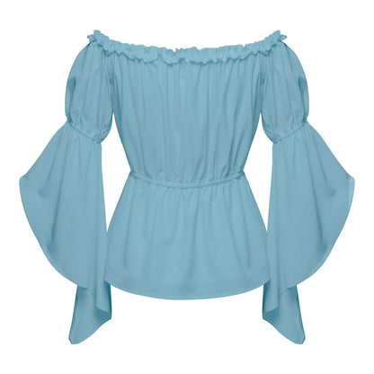 Women's Renaissance Ruffle Blouses, Ruched Sleeve Pleated Blouse, Off Shoulder Boat Neck Medieval Shirt, Victorian Shirt