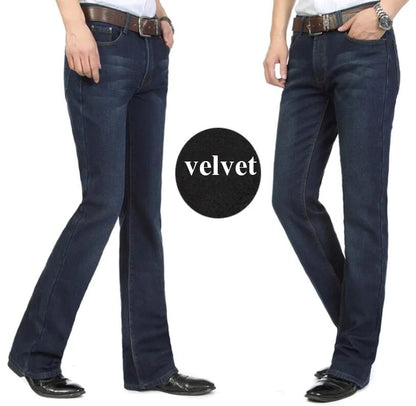 Men's Flared Jeans For Winter Thick Mid High Waist Slim Bell-bottoms Pants Elastic Fared Denim Trousers Size 26-40