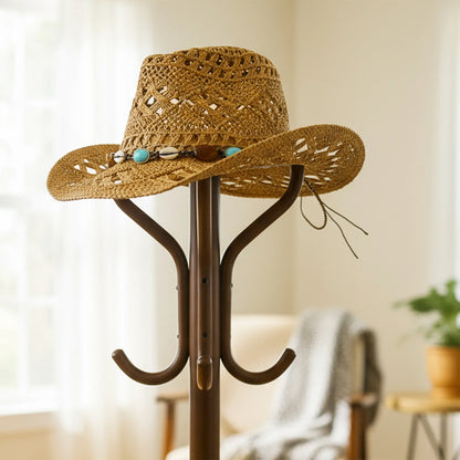 Chapeaux de cow-girl pour femmes et hommes, chapeau occidental d'été en plein air, chapeau de paille à large bord avec bande perlée