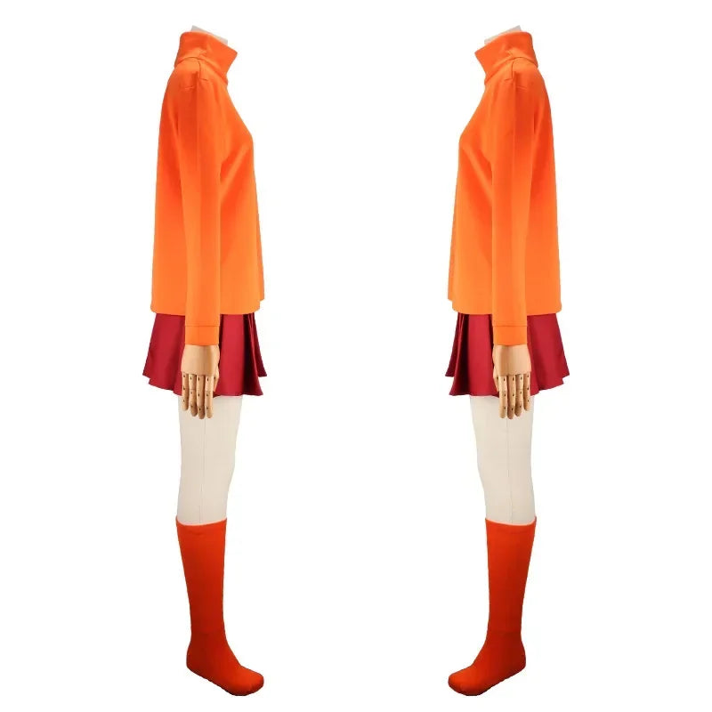 Halloween Velma Cosplay Costume Orange Short Skirt Uniform Women Orange Socks Top Skirt Halloween Party Carnival Set