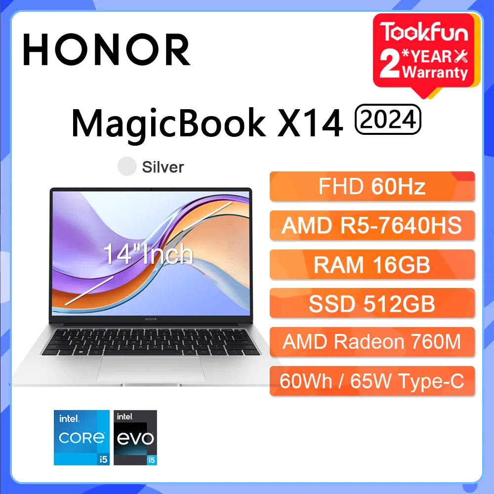 HONOR MagicBook X14 Pro 2024 Laptop Intel Core i5 AMD Ryzen R5 16GB 512GB 1TB 14"Inch FHD Notebook Ultrabook Computer PC FRI-H56
