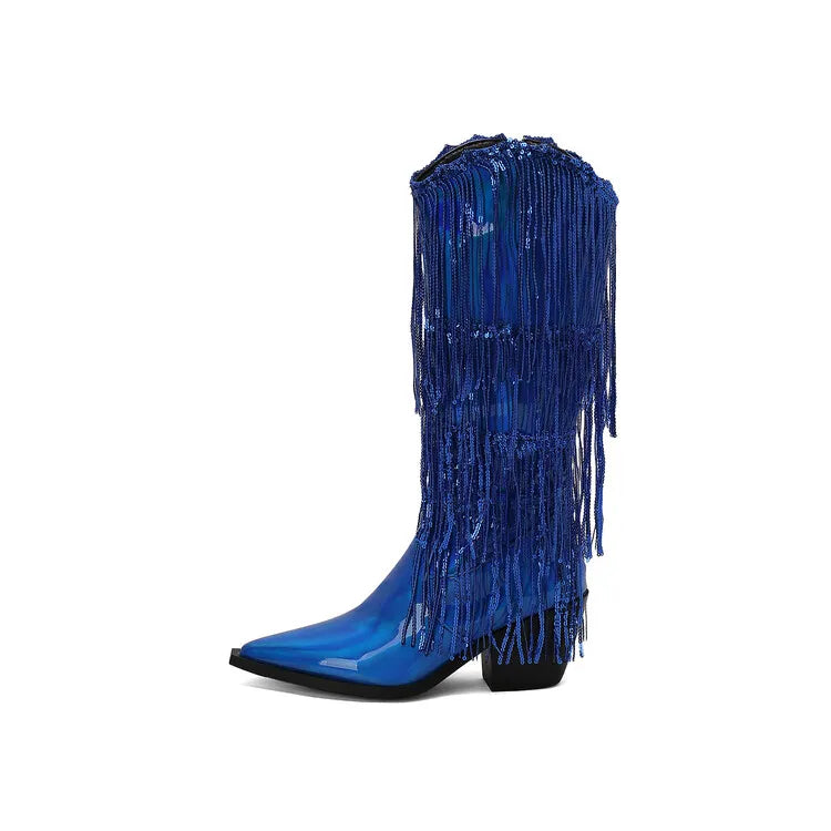 Bottes western à sequins et pompons, noires et argentées, courtes, en peluche, automne/hiver, talon de 6,5 cm, style bohème, hauteur genou, pointures 36 a 46.