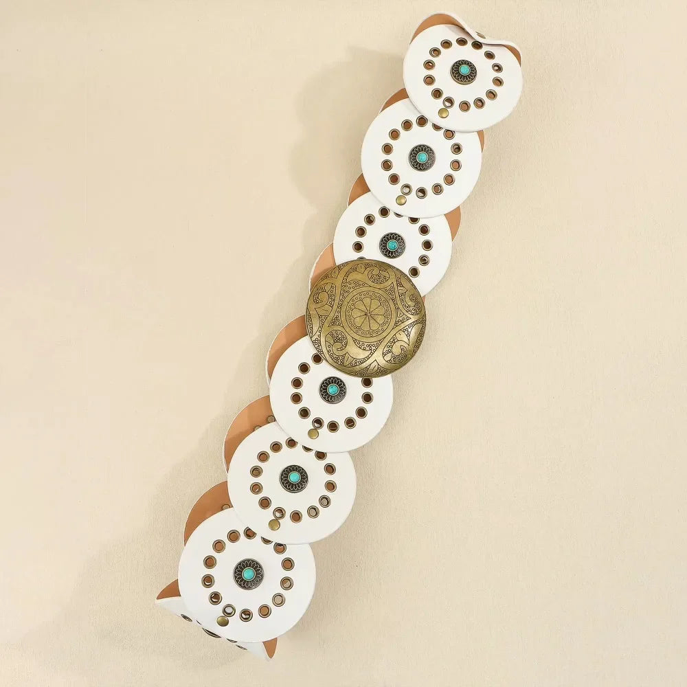 Exaggerated Wide Boho Disc Belt Rivet Turquoise Carved Buckle Waist Belt Adjustable Alloy Western Leather Waistband Cowgirl